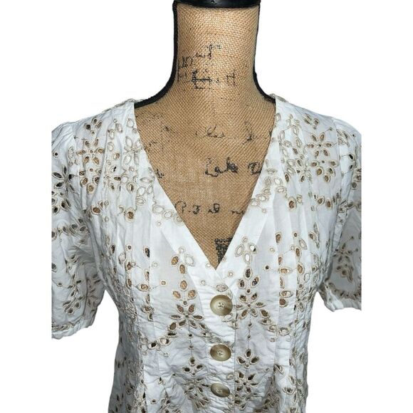 Feather Bone Anthropology Medina eyelet embroidered cap sleeve Ivory Size 4 - Picture 3 of 7